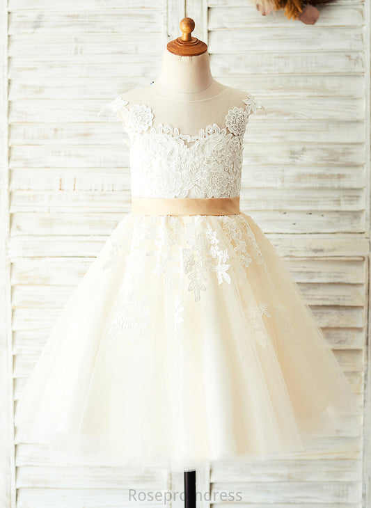 With Dress Girl Neck A-Line Appliques/V Lana Back Sleeveless Scoop Flower - Flower Girl Dresses Satin/Tulle/Lace Knee-length