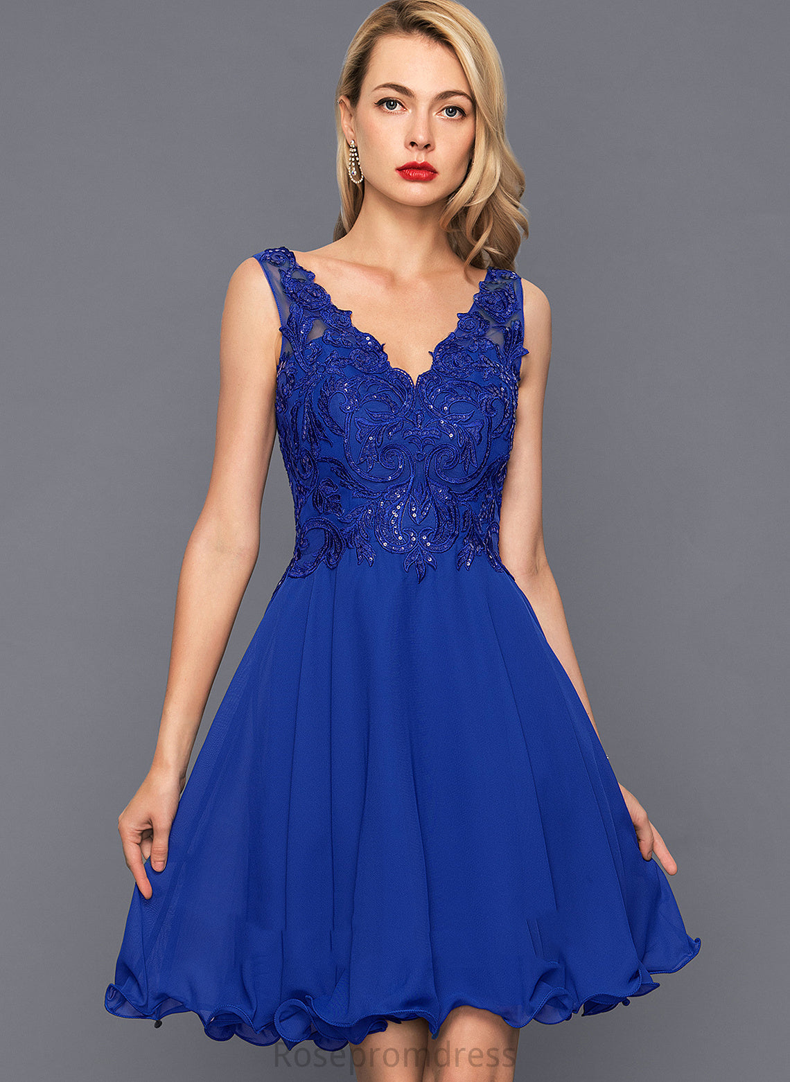 A-Line Knee-Length Ruby Chiffon Dress Homecoming Dresses V-neck Homecoming