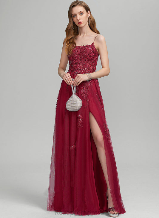 A-Line Floor-Length Prom Dresses Square With Tulle Lace Sequins Addyson