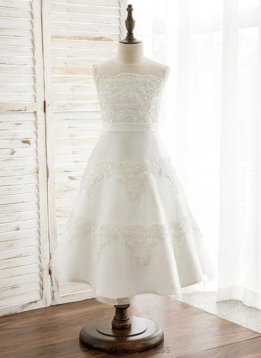 A-Line/Princess Scoop Flower Satin/Tulle/Lace Dress - Flower Girl Dresses Tea-length Sleeveless Neck Lailah Girl