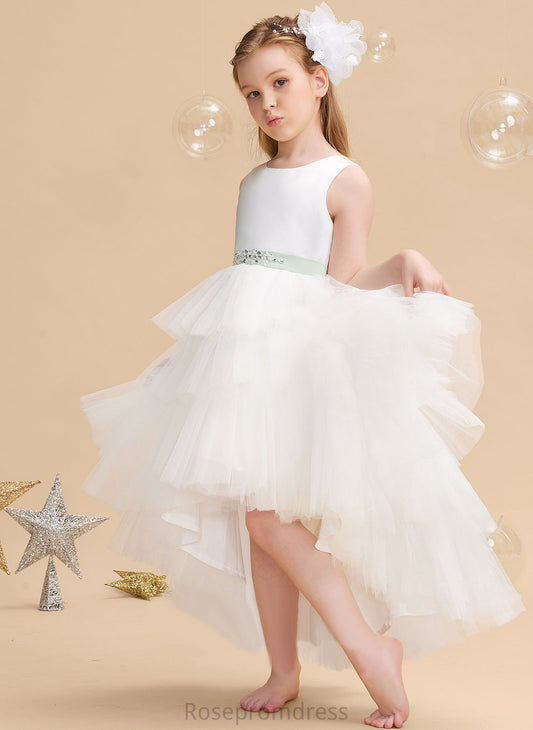 Flower Girl Dresses sash) Valentina Tulle Neck Asymmetrical Dress Scoop Sleeveless Flower With Ball-Gown/Princess (Detachable Sash/Beading Girl -