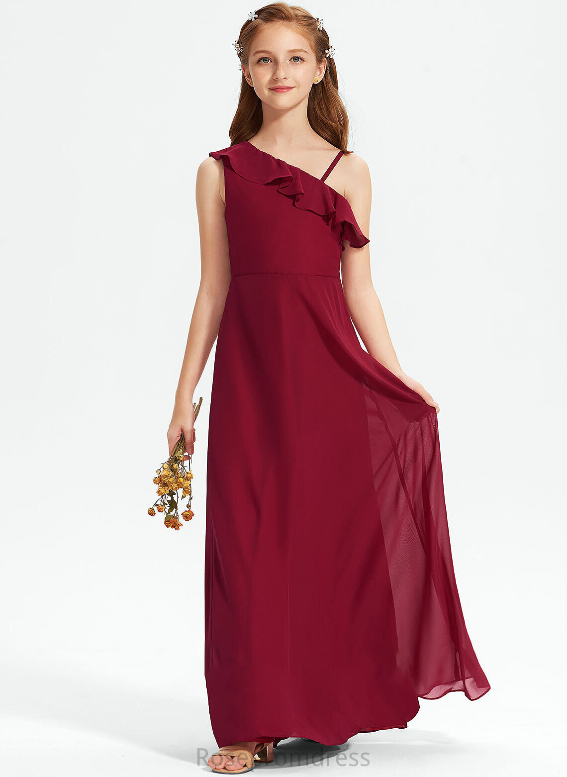 One-Shoulder Floor-Length Ruffles Junior Bridesmaid Dresses Chiffon Jaida With A-Line