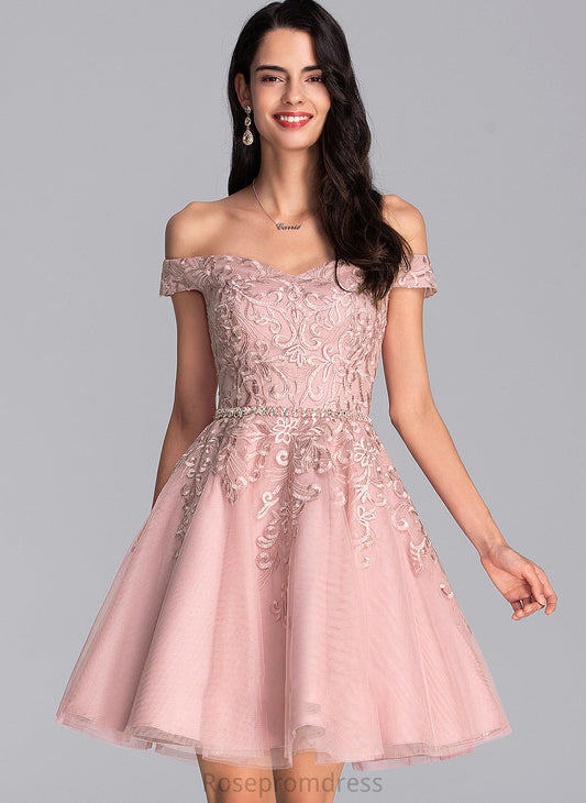 Sequins Short/Mini Beading Off-the-Shoulder A-Line Prom Dresses With Tulle Nicky