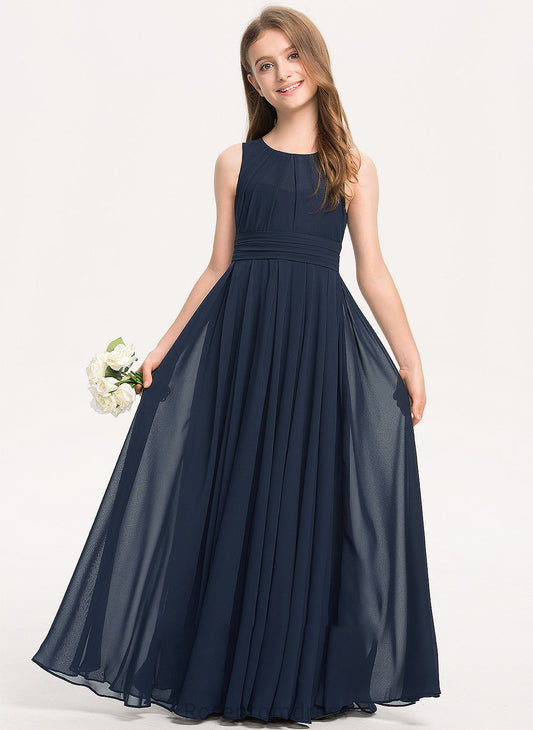 With A-Line Junior Bridesmaid Dresses Ruffle Chiffon Scoop Floor-Length Neck Maleah