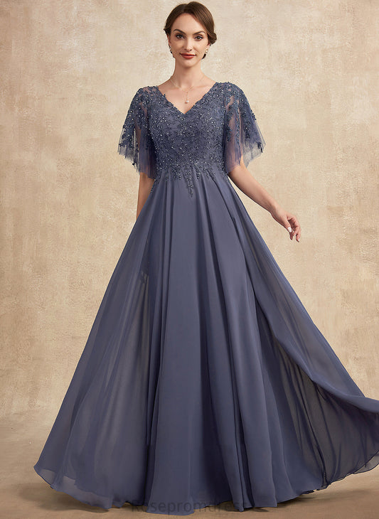 the Mother A-Line Chiffon V-neck Sequins Dress Lace Beading Bride Floor-Length Lizbeth of Mother of the Bride Dresses With