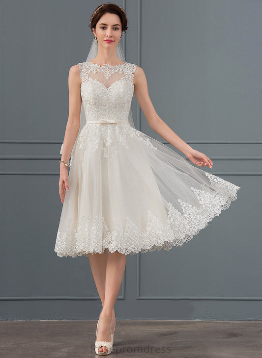 Wedding Dresses Dress Lace A-Line With Illusion Knee-Length Mikaela Wedding Satin Bow(s) Tulle