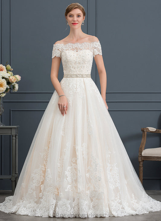 Ball-Gown/Princess Wedding Dresses Lace Dress Wedding With Sequins Tulle Court Beading Train Off-the-Shoulder Dominique