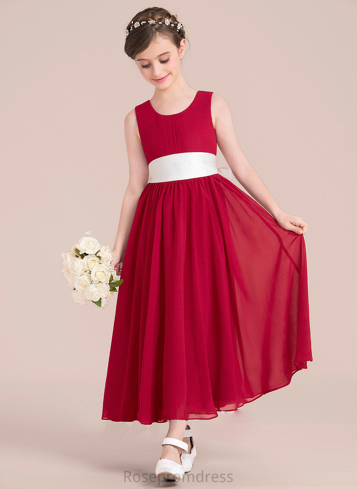 Ankle-Length Empire Junior Bridesmaid Dresses Scoop A-Line Bow(s) Sash Chiffon Neck Aurora With