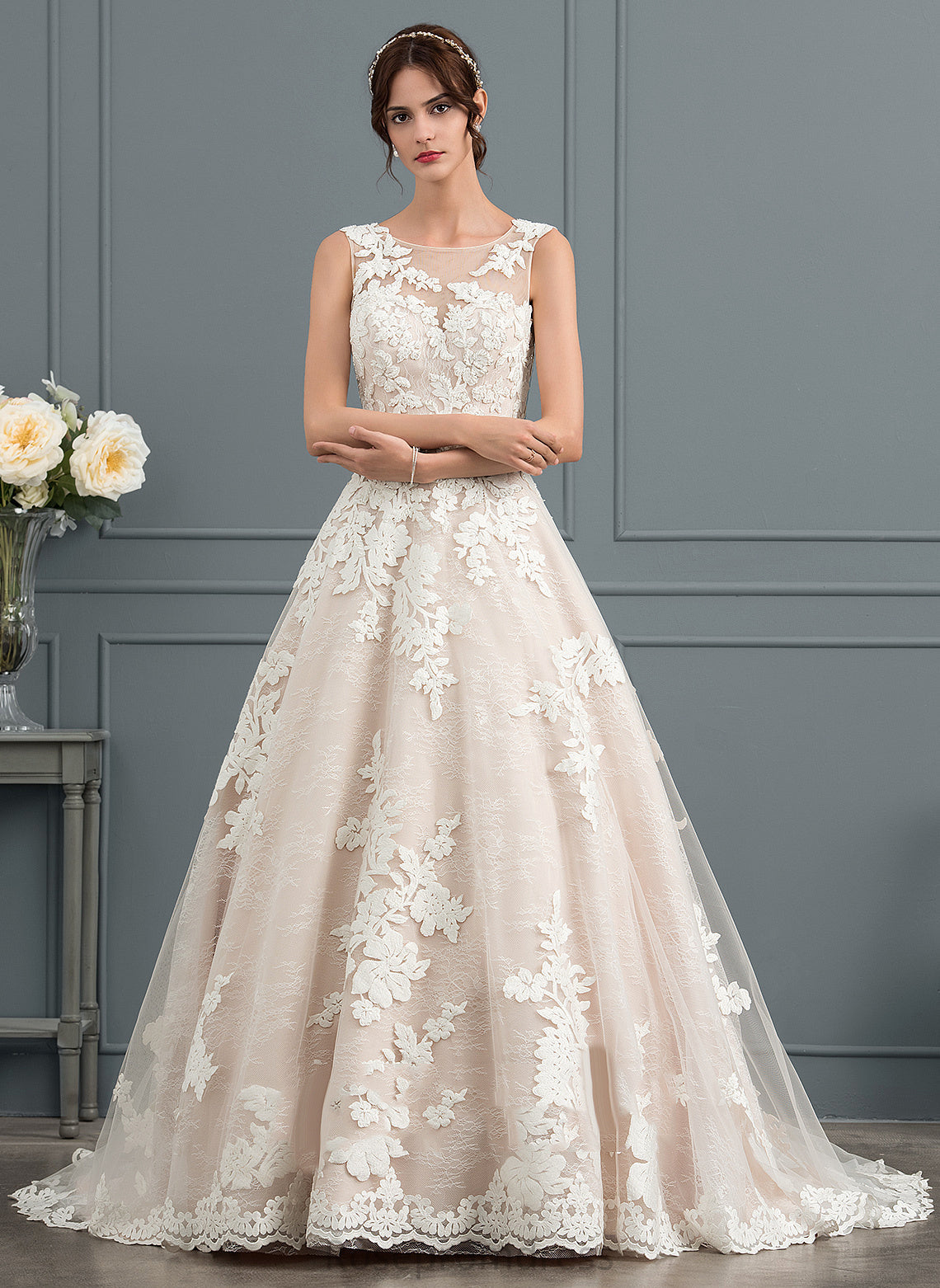 Beading Court Wedding Dresses Illusion Lace Tulle Wedding Sequins Dress Ball-Gown/Princess With Train Jamiya