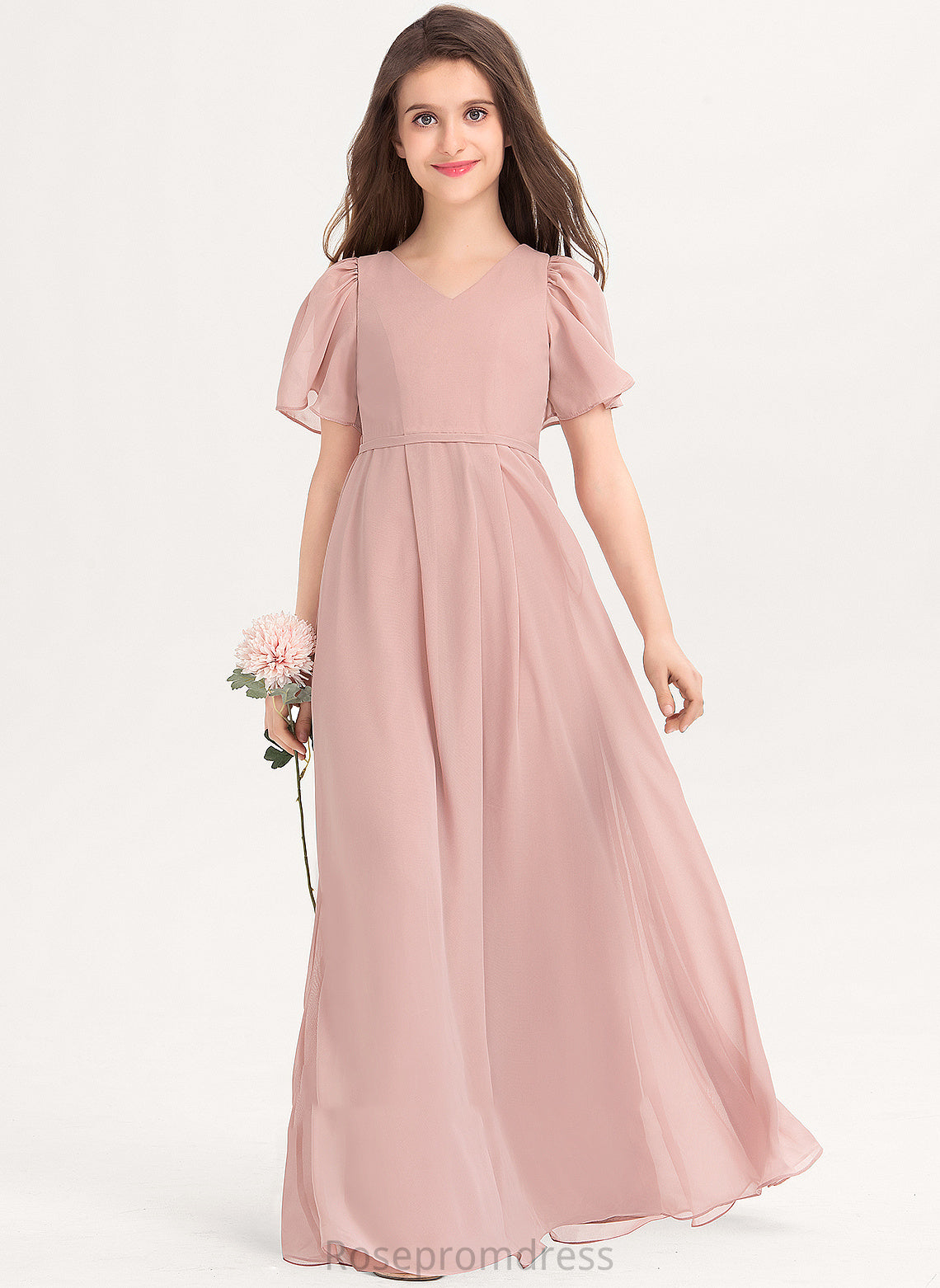 Junior Bridesmaid Dresses Bow(s) A-Line V-neck With Floor-Length Chiffon Mallory