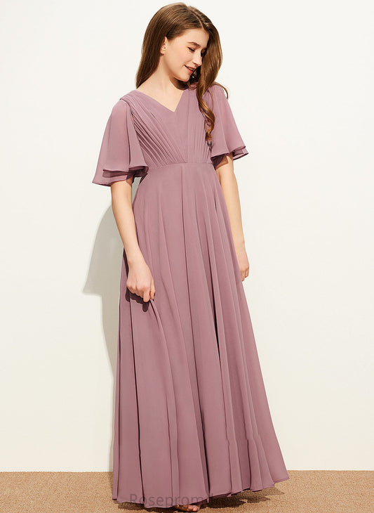 Floor-Length Junior Bridesmaid Dresses With A-Line V-neck Jacquelyn Ruffle Chiffon