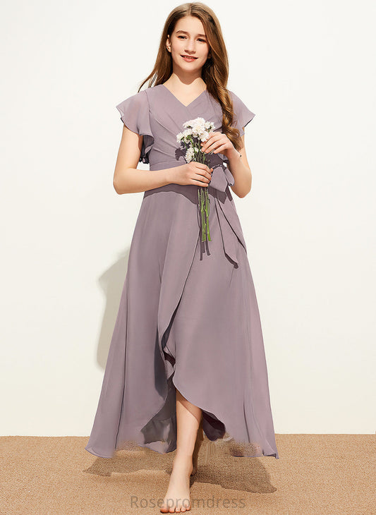 V-neck A-Line Junior Bridesmaid Dresses Asymmetrical Bow(s) With Ruffle Chiffon Ayanna