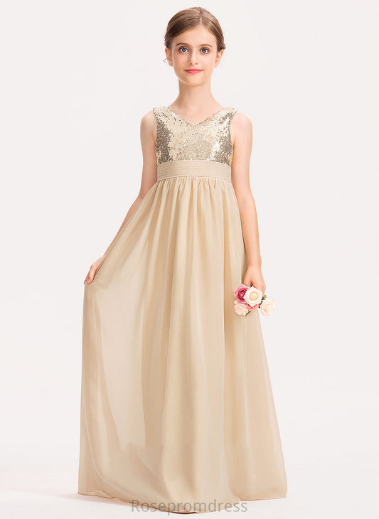 Sequined Chiffon Meg Junior Bridesmaid Dresses V-neck A-Line With Ruffle Floor-Length