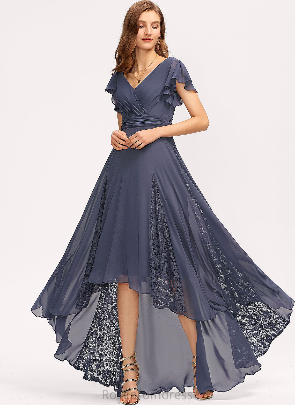 Embellishment Silhouette Fabric A-Line Asymmetrical Neckline V-neck Ruffle Length Gina Bridesmaid Dresses