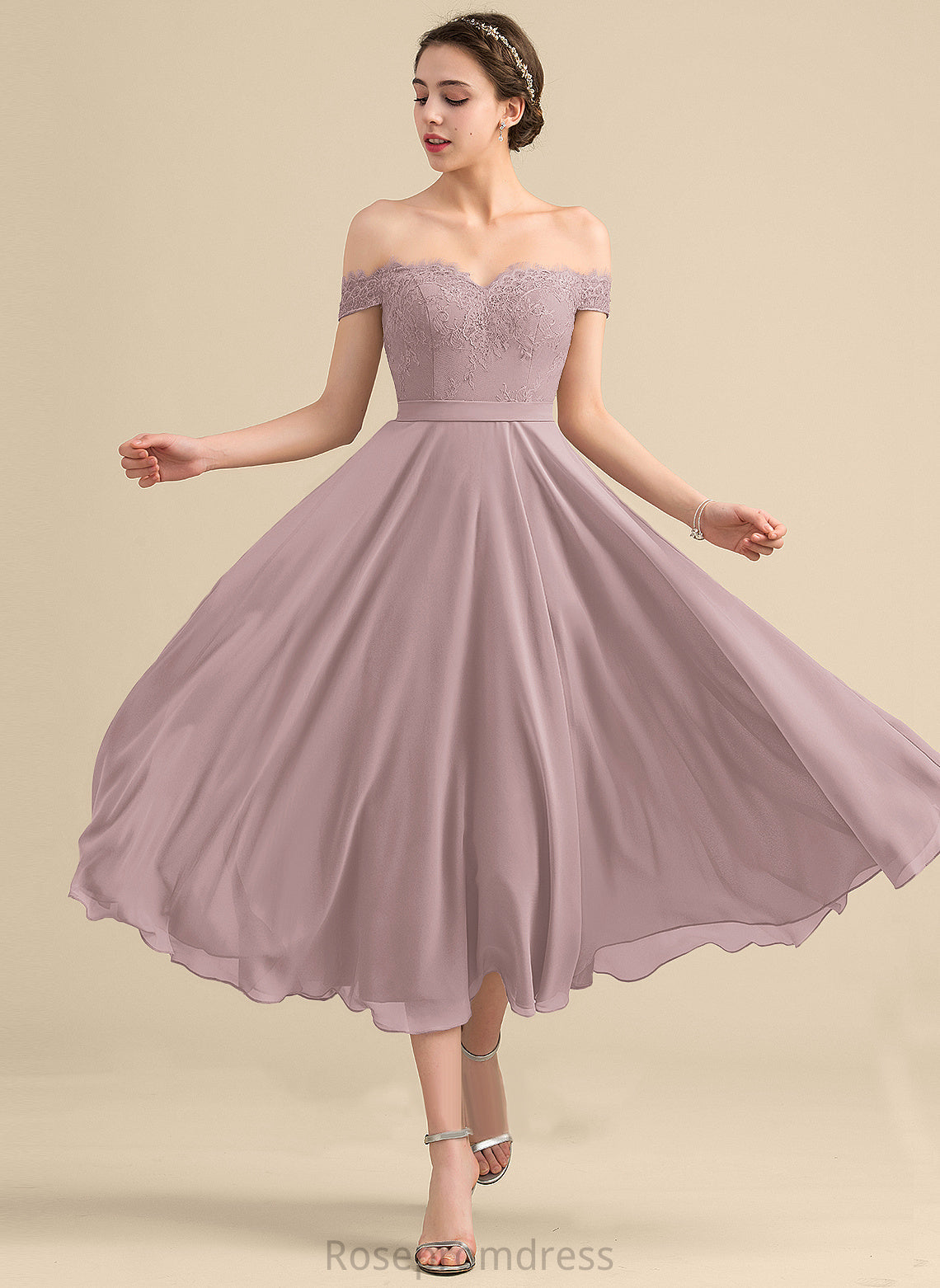 Beading Off-the-Shoulder With Homecoming Lace Chiffon A-Line Homecoming Dresses Kaylen Tea-Length Dress