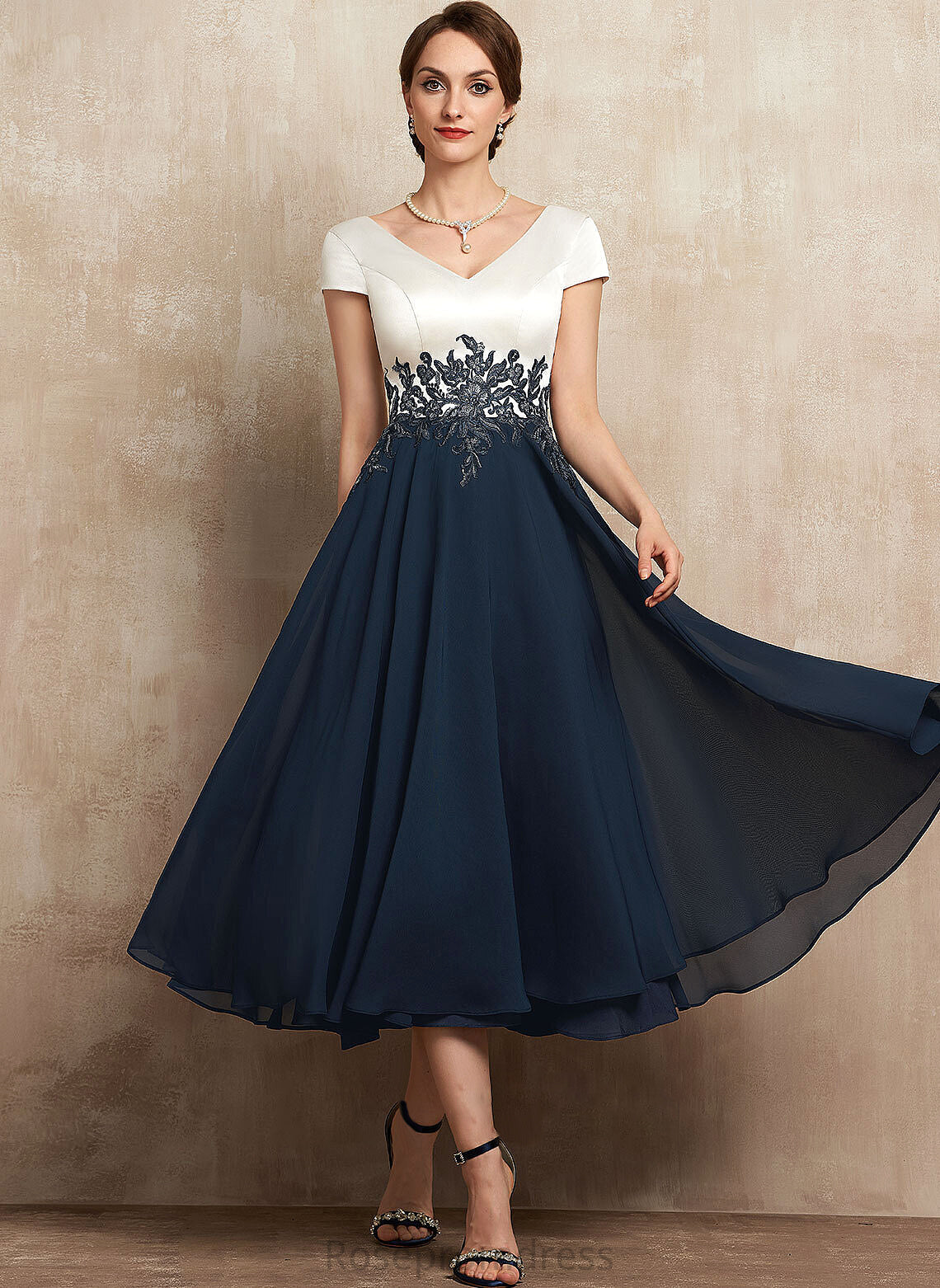 Mother A-Line Rosalind Chiffon Tea-Length Dress Lace Mother of the Bride Dresses the Bride of V-neck