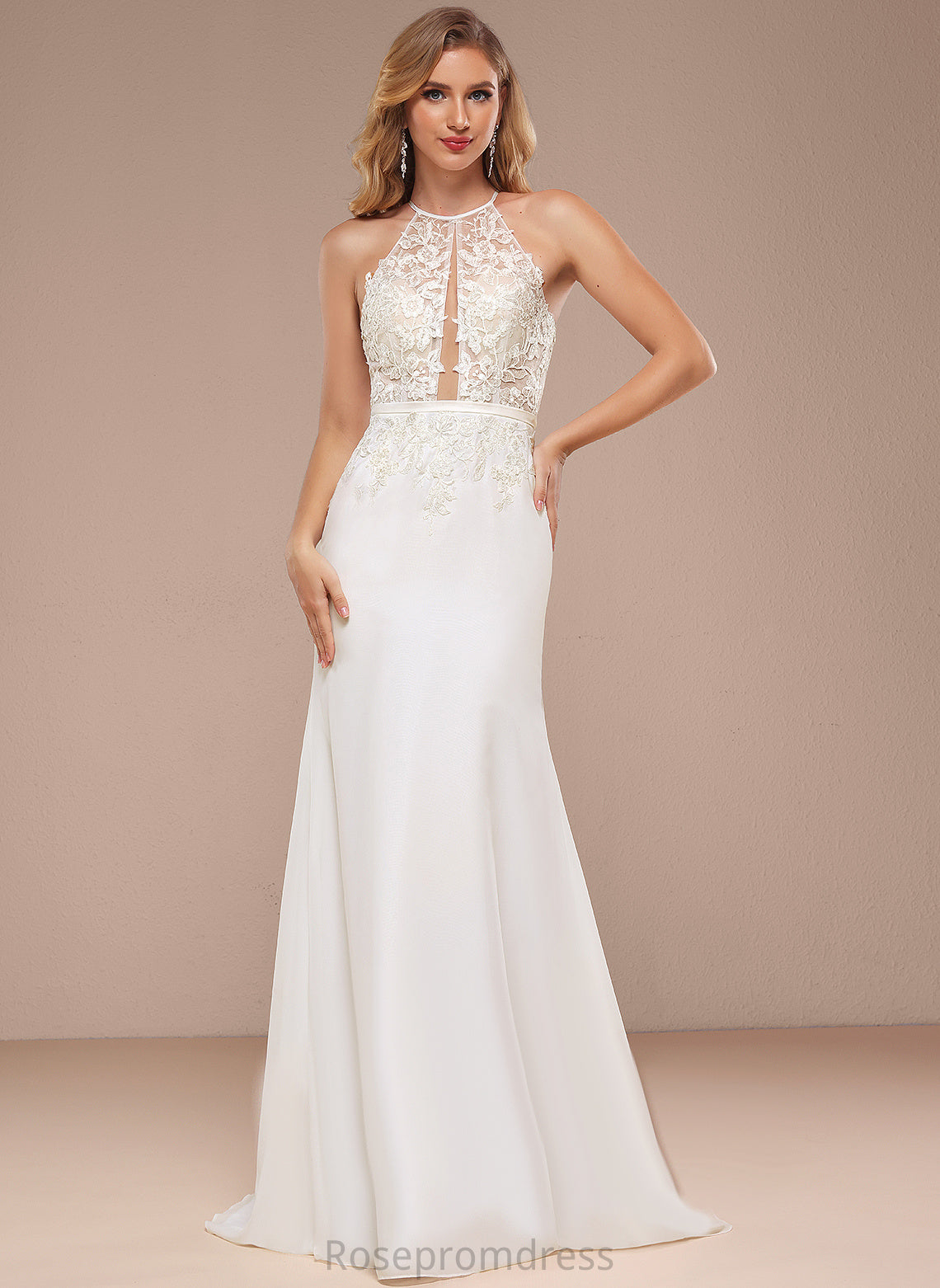 Trumpet/Mermaid Sequins Dress With Halter Wedding Dresses Wedding Train Angela Chiffon Lace Sweep