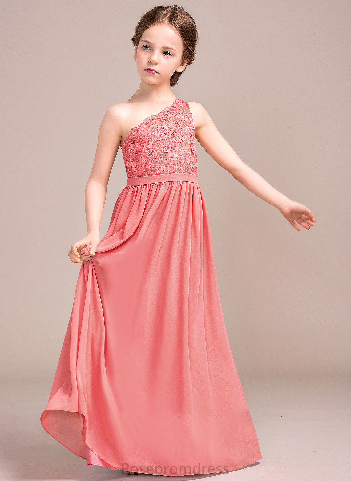 Junior Bridesmaid Dresses One-Shoulder Chiffon A-Line Lace Cameron Floor-Length