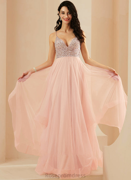 V-neck Sequins A-Line Tulle Floor-Length Beading Prom Dresses Susie With