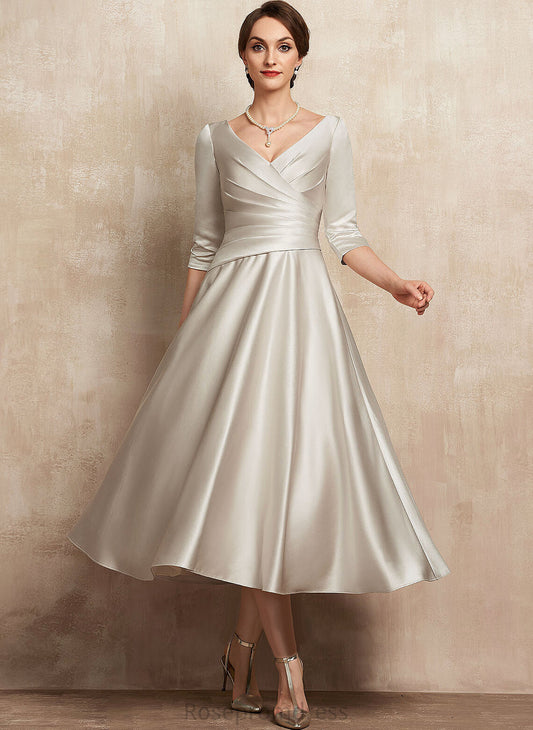 Satin Jocelyn Mother of the Bride Dresses V-neck Dress the Mother Bride Ruffle of A-Line Tea-Length With