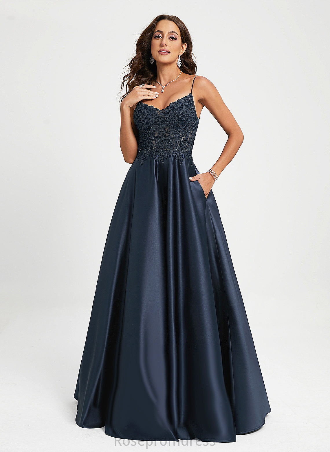 A-Line Yoselin Prom Dresses Floor-Length With Satin Lace V-neck Sequins