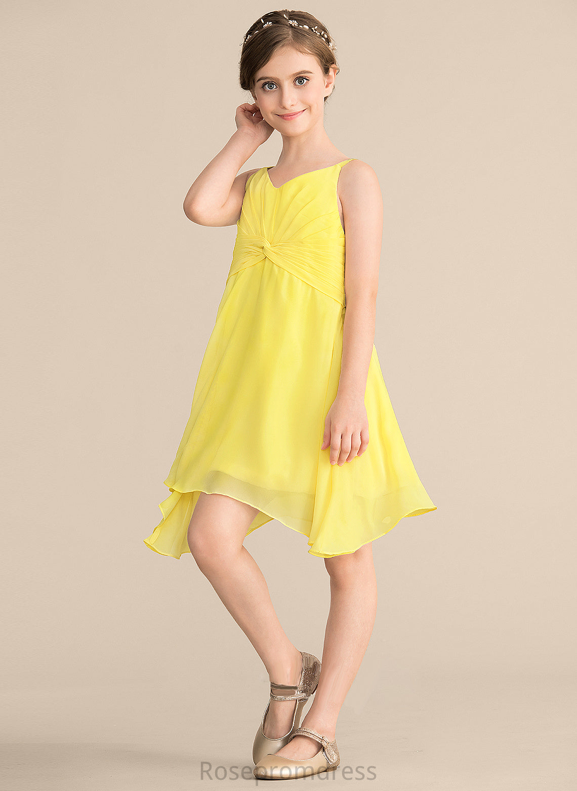 Ruffle Knee-Length With A-Line Chiffon Junior Bridesmaid Dresses Angelica V-neck