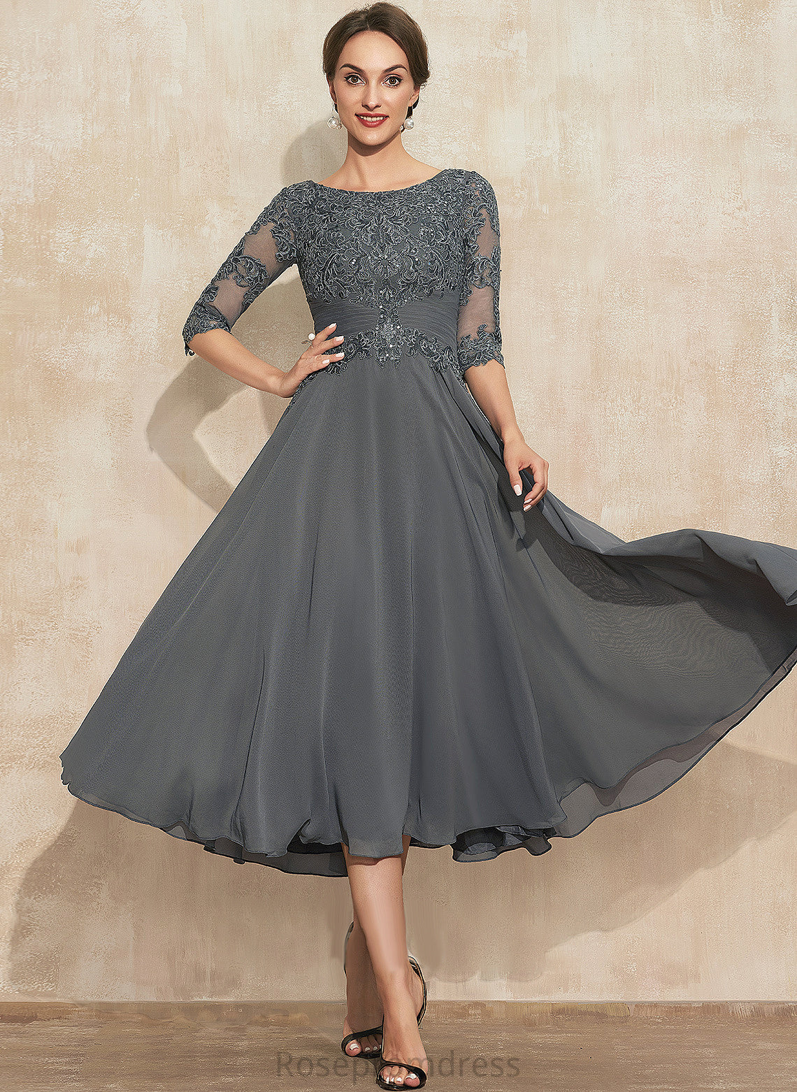 Mother of the Bride Dresses A-Line Mother Tea-Length Chiffon the Scoop Neck Dress With Elle of Sequins Bride Lace