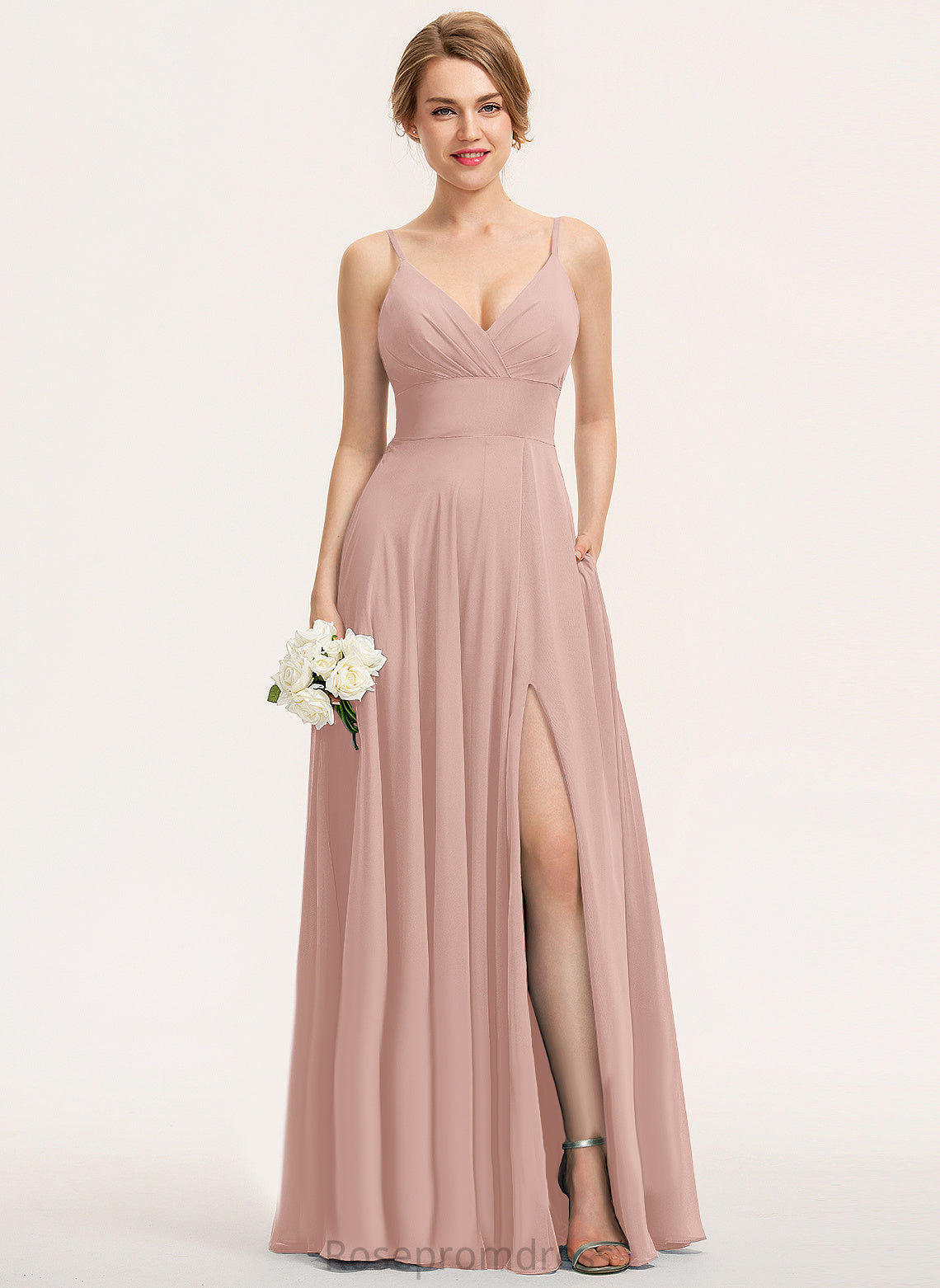 A-Line Pleated With Chiffon Terri V-neck Prom Dresses Floor-Length