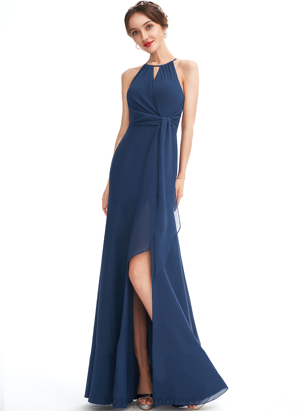 Length Ruffle Floor-Length Embellishment Halter Neckline Silhouette A-Line SplitFront Fabric Naima Bridesmaid Dresses