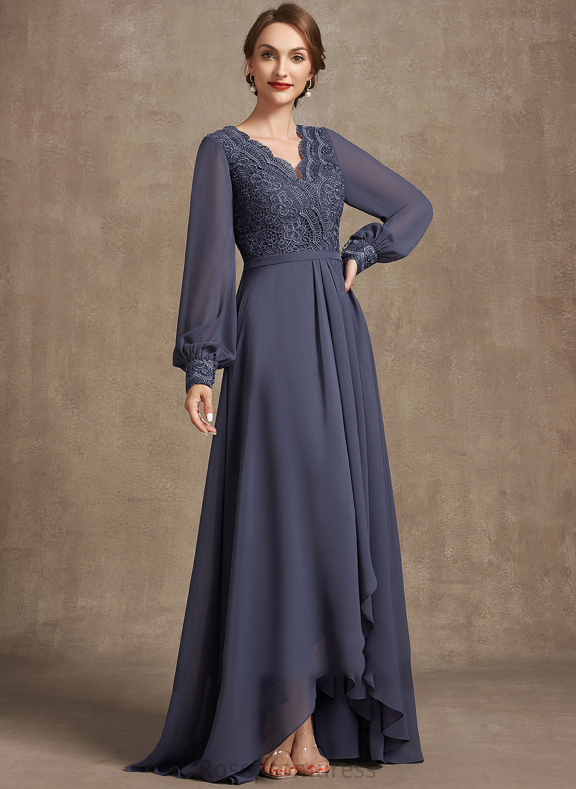 the Dress A-Line Bride Asymmetrical of Lace Chiffon V-neck Mother Britney Mother of the Bride Dresses