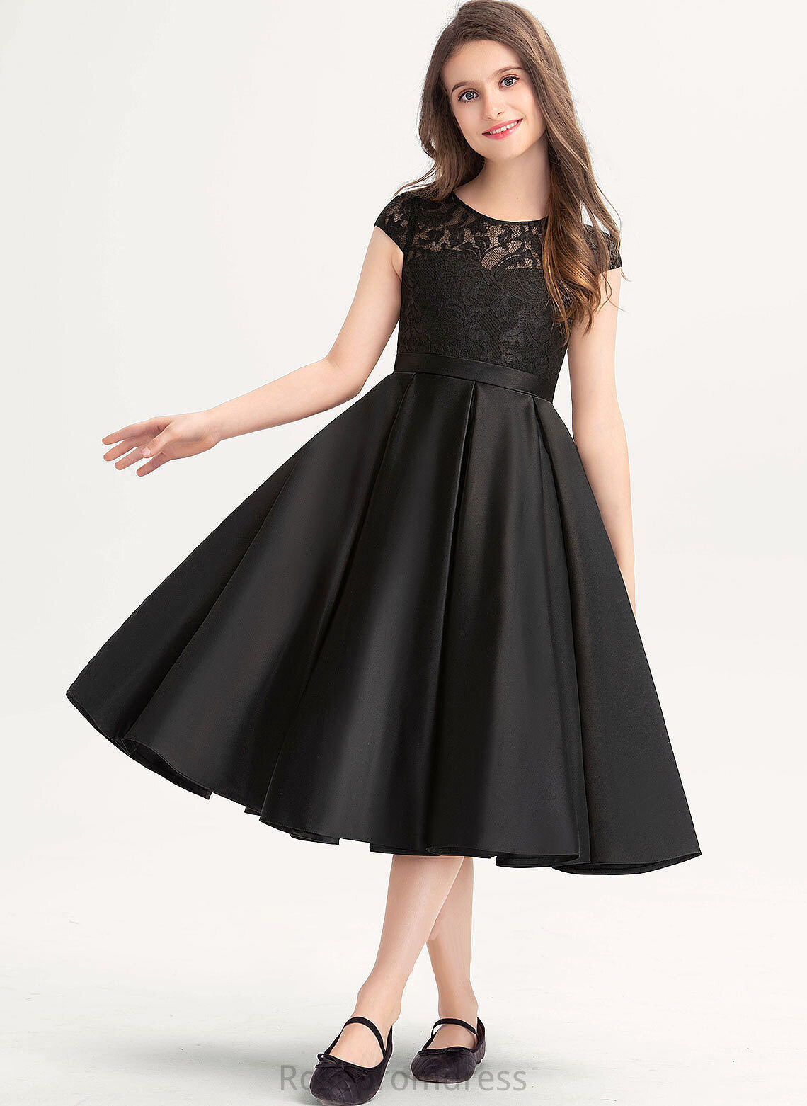 Knee-Length Pockets Junior Bridesmaid Dresses Satin Lace Scoop A-Line Neck With Millie