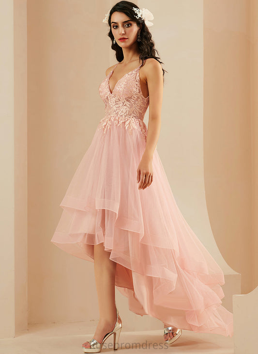 Lace Tulle Ball-Gown/Princess Prom Dresses V-neck Emmalee Asymmetrical