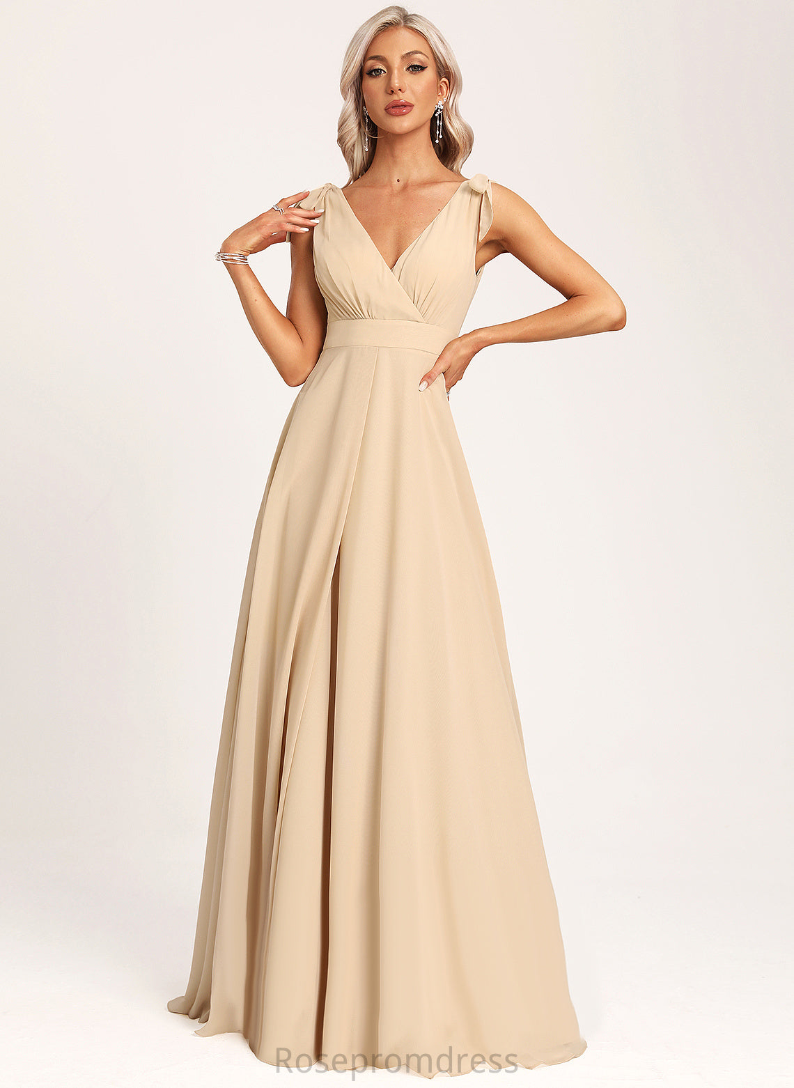 Floor-Length Neckline Fabric A-Line Length V-neck Silhouette Bow(s) Embellishment Gracelyn Sleeveless V-Neck Bridesmaid Dresses