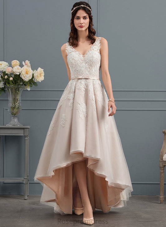 Dress Lena Asymmetrical Wedding Dresses Bow(s) Satin With Lace Wedding A-Line V-neck Tulle