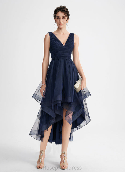 Tulle Pleated V-neck A-Line With Cascading Dress Asymmetrical Cocktail Cocktail Dresses Ruffles Nina