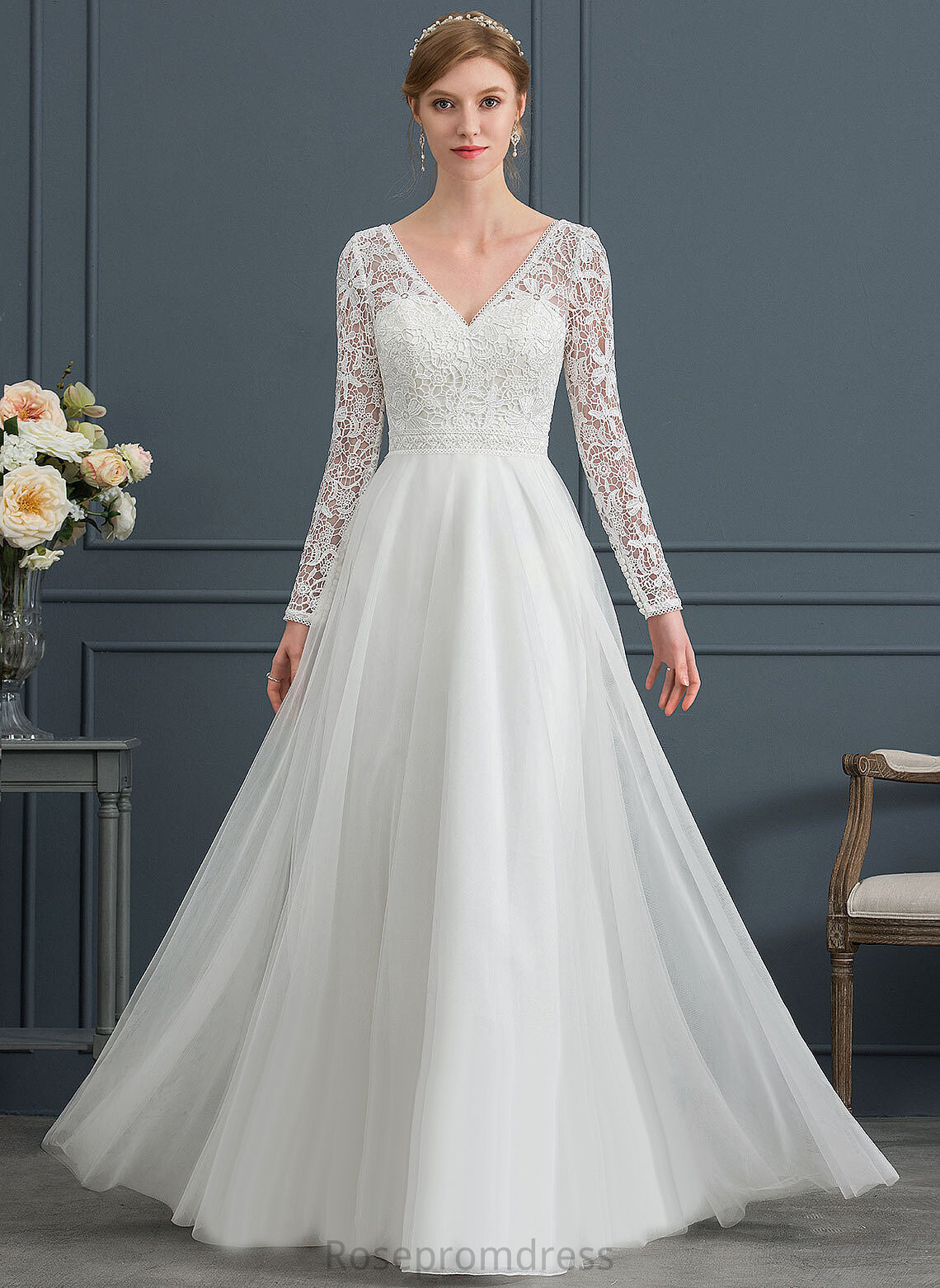 A-Line Wedding Dresses Wedding Lace Floor-Length V-neck Paulina Tulle Dress