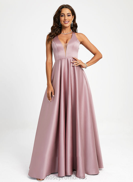 A-Line V-neck Paulina Floor-Length Prom Dresses Satin