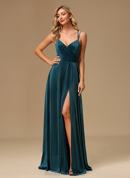 Silhouette Fabric Velvet Length Neckline Floor-Length A-line V-Neck Straps&Sleeves Briley A-Line/Princess Natural Waist Bridesmaid Dresses