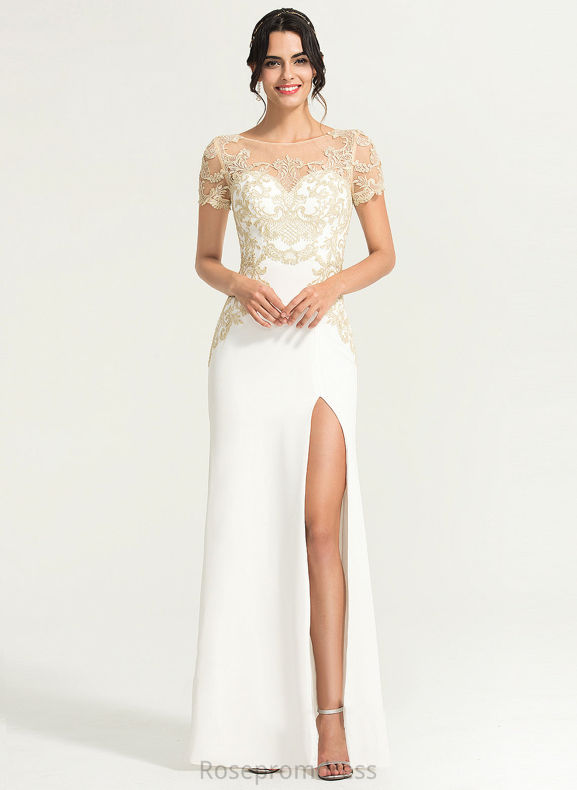 Floor-Length Stretch Lace Dress Crepe Front Split Neck Marisa Wedding Sheath/Column With Scoop Wedding Dresses