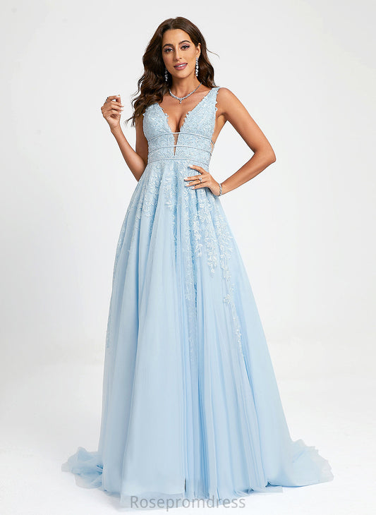 V-neck Ball-Gown/Princess Lace Sweep Gill Beading Train Prom Dresses With Tulle