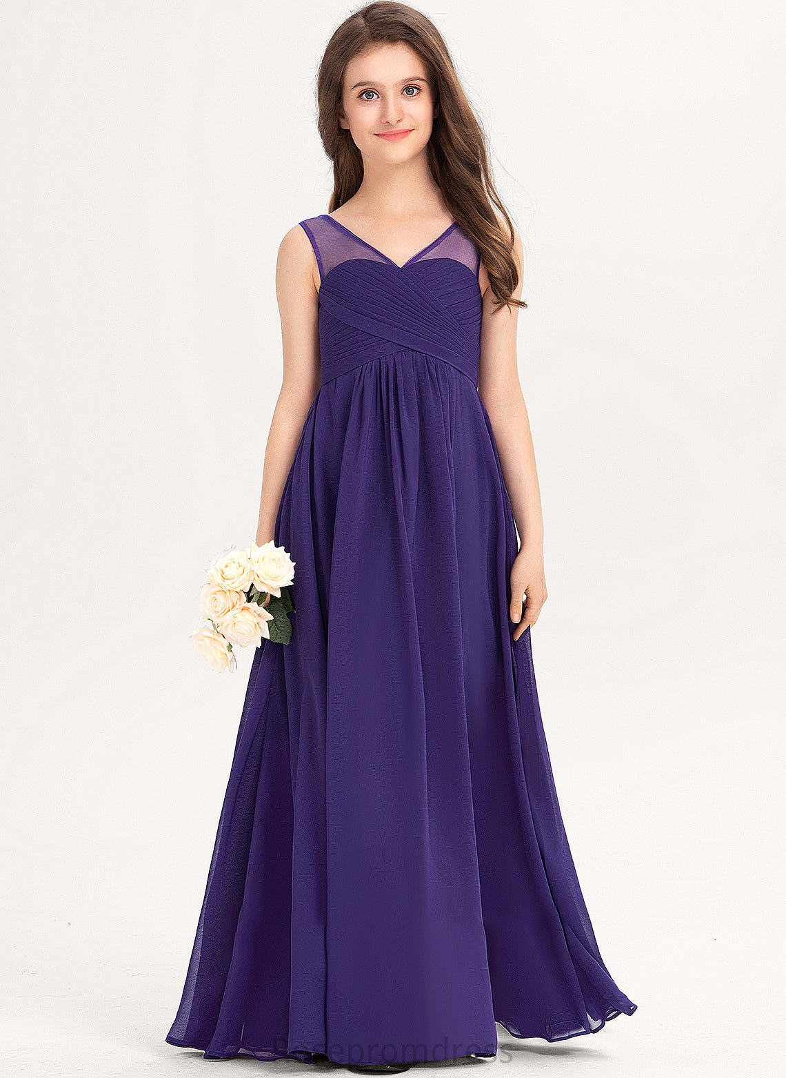 V-neck A-Line Floor-Length Ruffle Chiffon Azaria Junior Bridesmaid Dresses With