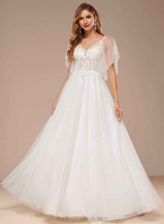 Tulle With Dress Ruffle A-Line Wedding Dresses Cassandra Wedding Sequins Lace Floor-Length V-neck