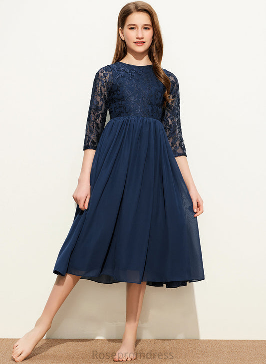 Junior Bridesmaid Dresses Nicky Tea-Length Scoop Neck Lace A-Line Chiffon