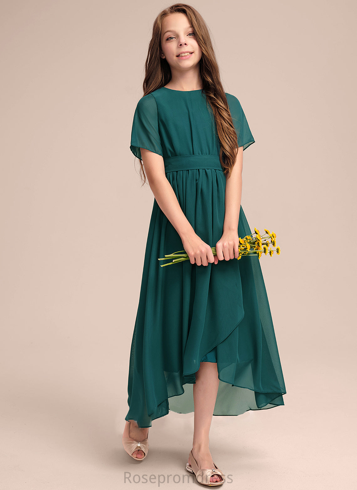 A-Line Bow(s) With Neck Lorelai Junior Bridesmaid Dresses Asymmetrical Chiffon Ruffle Scoop