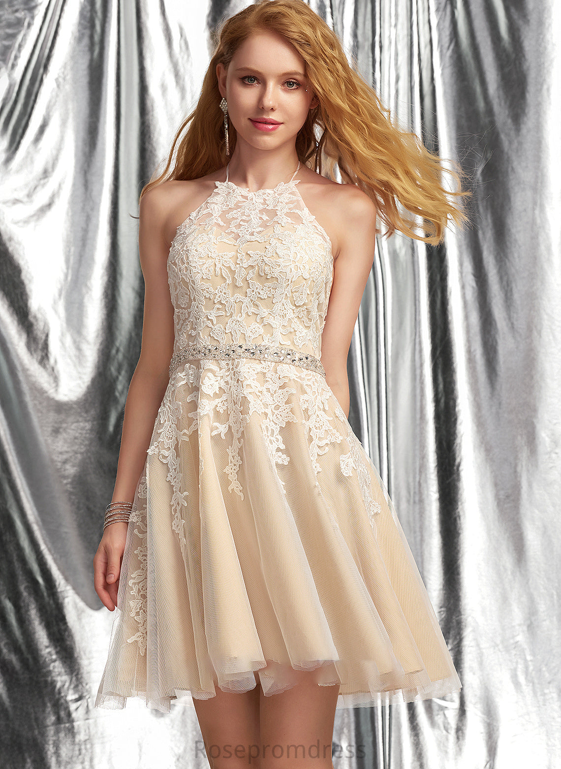 With Short/Mini Lace Beading Prom Dresses Sequins Tulle A-Line Halter Molly