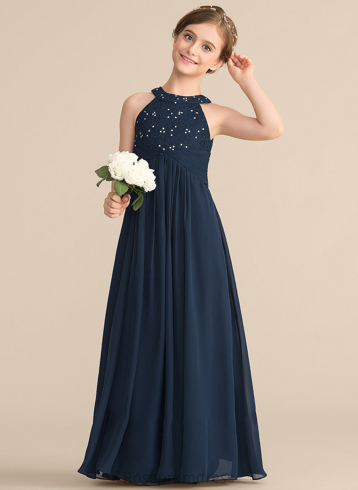 With Floor-Length Neck Adison Scoop Junior Bridesmaid Dresses Chiffon Lace Beading Ruffle A-Line