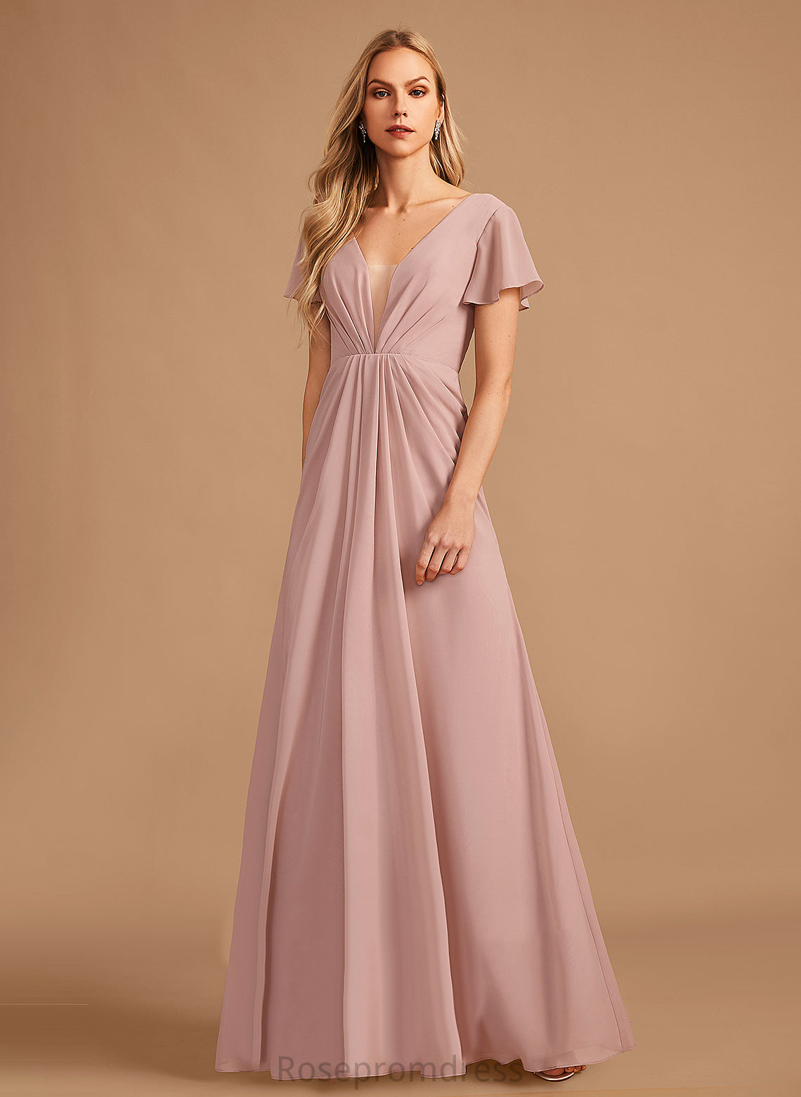 Neckline Embellishment Fabric A-Line Length Ruffle Silhouette Floor-Length V-neck Aleah Bridesmaid Dresses