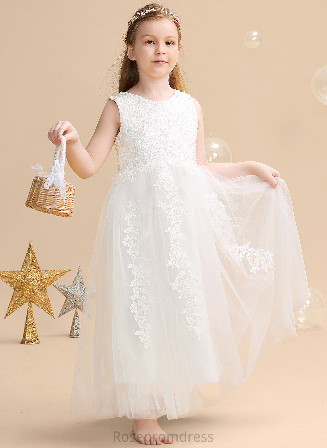 Girl Gown Scoop Ball Flower Girl Dresses Beading/Appliques Ankle-length Sleeveless With Neck Satin/Tulle Flower Dress - Jazlene