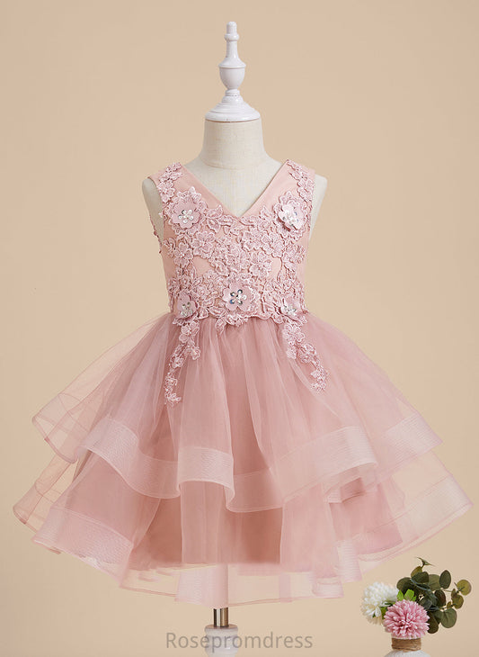 Flower Girl Kinsley Knee-length Sleeveless Tulle/Lace A-Line Beading/Flower(s)/Sequins With Flower Girl Dresses - V-neck Dress