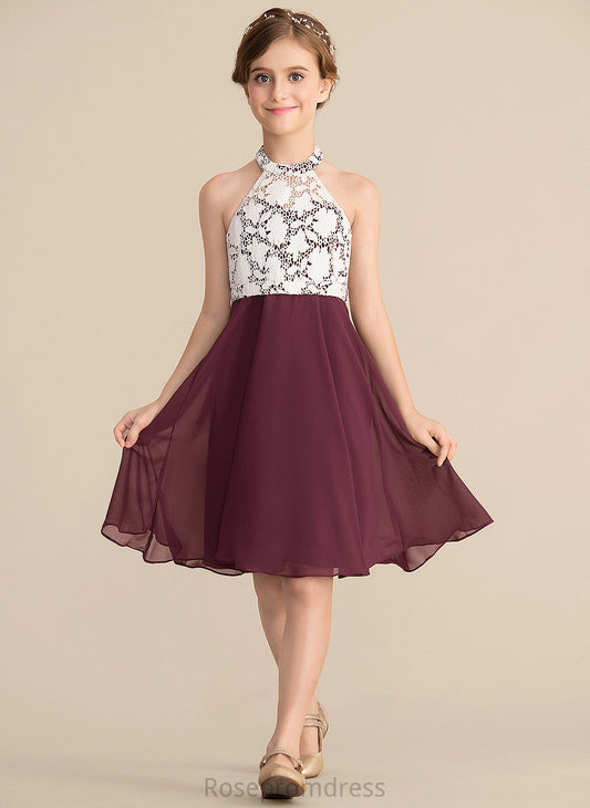 A-Line Scoop Neck Chiffon Jacquelyn Knee-Length Junior Bridesmaid Dresses Lace